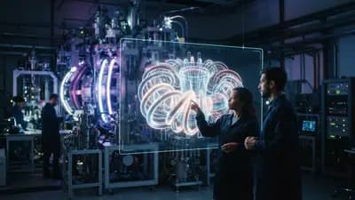 Diagrama técnico de um reator nuclear stellarator com bobinas eletromagnéticas brilhantes em ambiente laboratorial futurista.