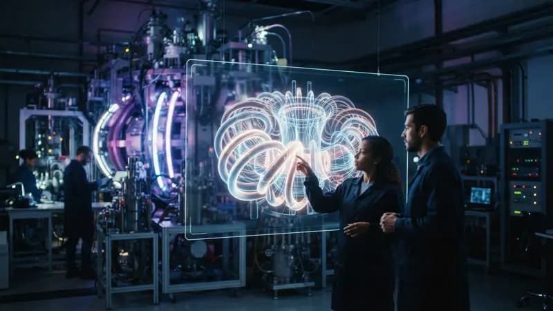 Diagrama técnico de um reator nuclear stellarator com bobinas eletromagnéticas brilhantes em ambiente laboratorial futurista.