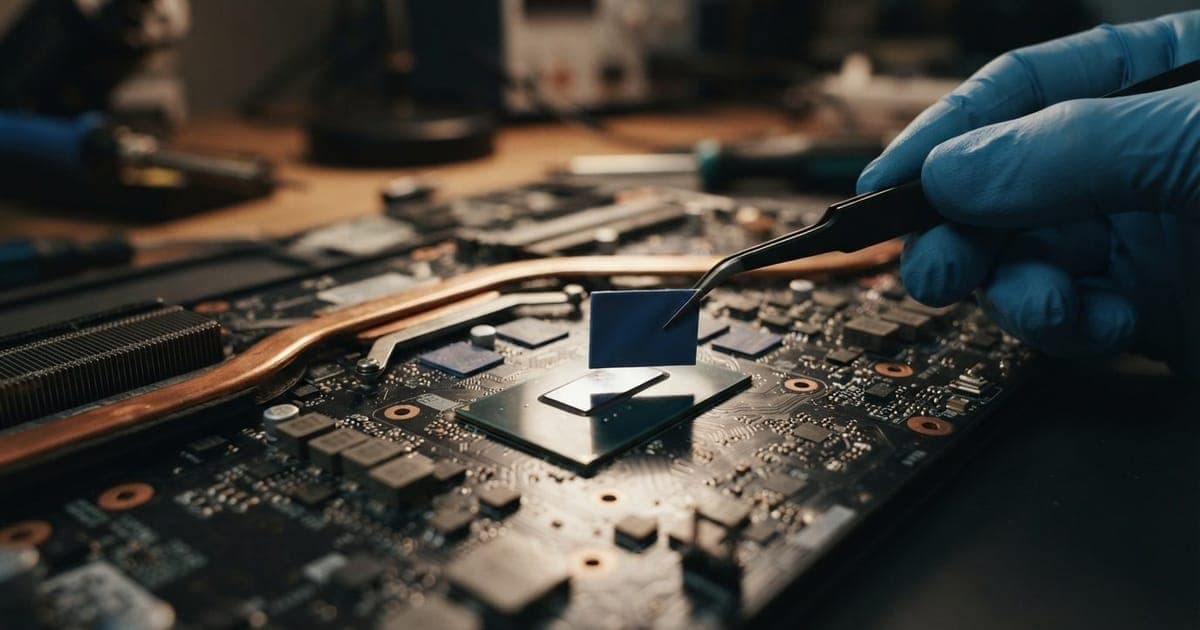 Close-up técnico de um chip de notebook sendo preparado com um thermal pad azul de mudança de fase PCM