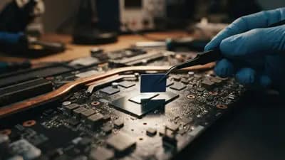 Close-up técnico de um chip de notebook sendo preparado com um thermal pad azul de mudança de fase PCM