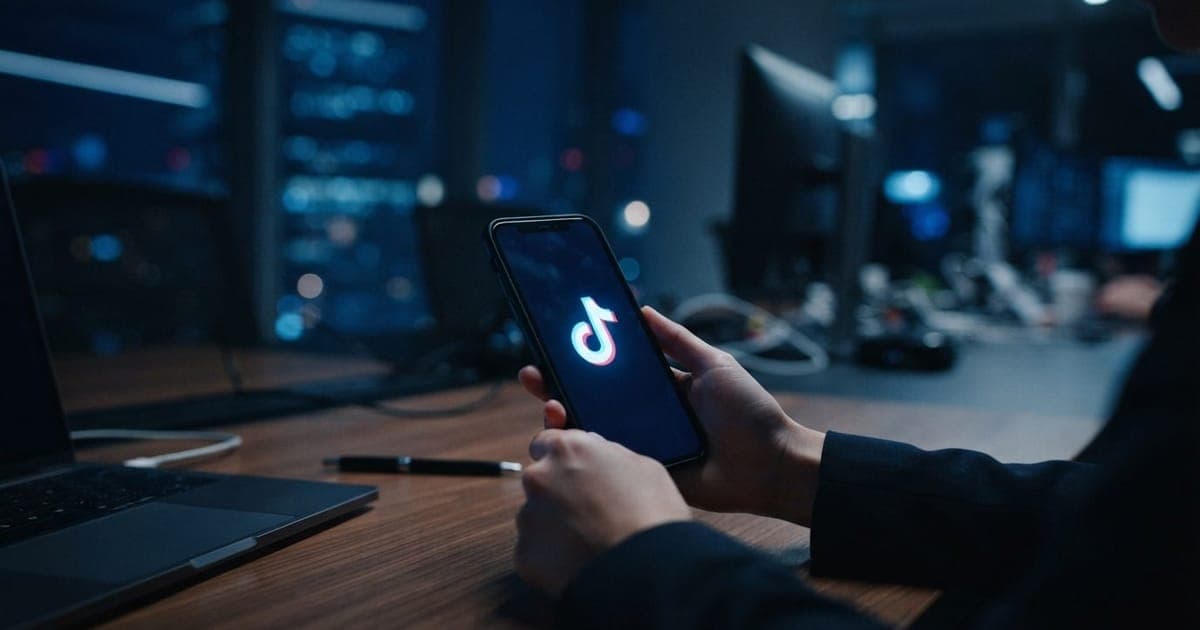 Smartphone exibindo o logotipo do TikTok em um ambiente corporativo com luzes azuis e foco suave ao fundo.