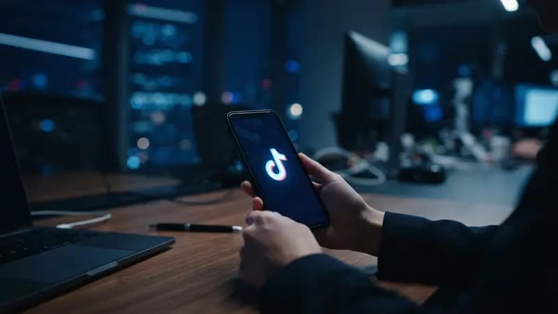 Smartphone exibindo o logotipo do TikTok em um ambiente corporativo com luzes azuis e foco suave ao fundo.