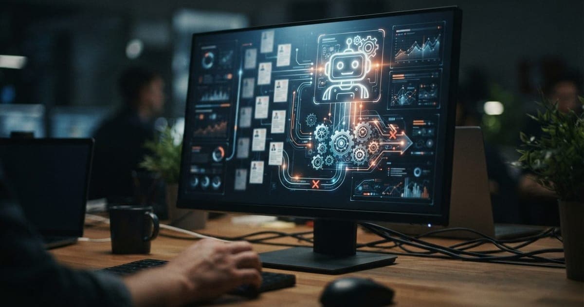 Close em tela de computador exibindo lista de currículos sendo filtrados por ícone de robô e engrenagens digitais