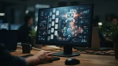 Close em tela de computador exibindo lista de currículos sendo filtrados por ícone de robô e engrenagens digitais