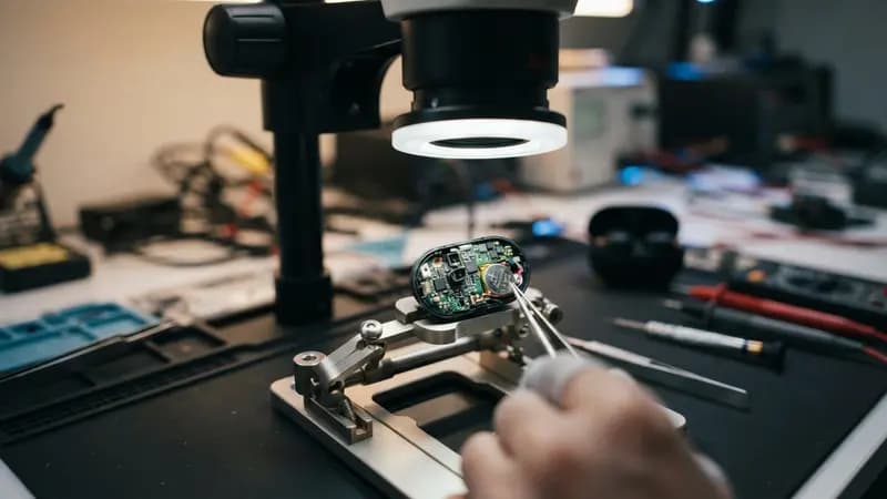 Microscópio sobre fone TWS aberto revelando placa interna e microbateria tipo moeda durante reparo técnico