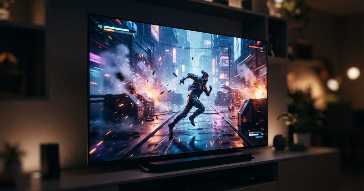 Close-up de tela de TV mostrando painel de alta resolução com foco em fluidez de imagem durante gameplay dinâmico.