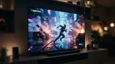 Close-up de tela de TV mostrando painel de alta resolução com foco em fluidez de imagem durante gameplay dinâmico.
