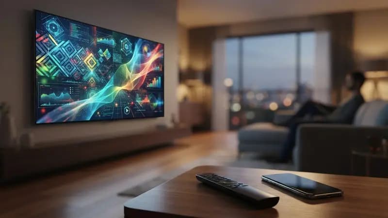 Uma moderna sala de estar iluminada com uma TV de tela grande exibindo imagens coloridas e abstratas de alta tecnologia da TV 3.0 no Brasil.