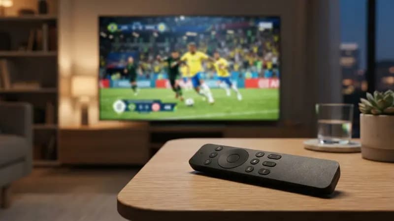 Controle remoto de TV posicionado sobre uma mesa com uma tela moderna ao fundo exibindo uma transmissão de alta definição.