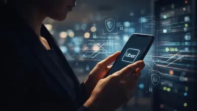 Smartphone exibindo logo da Uber sobre um fundo abstrato com ícones de dados digitais e cadeado de segurança.