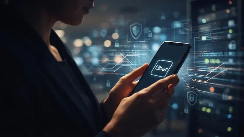 Smartphone exibindo logo da Uber sobre um fundo abstrato com ícones de dados digitais e cadeado de segurança.
