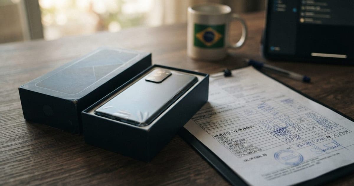 Uma caixa de smartphone importado aberta em cima de uma mesa ao lado de um documento com taxas e impostos calculados