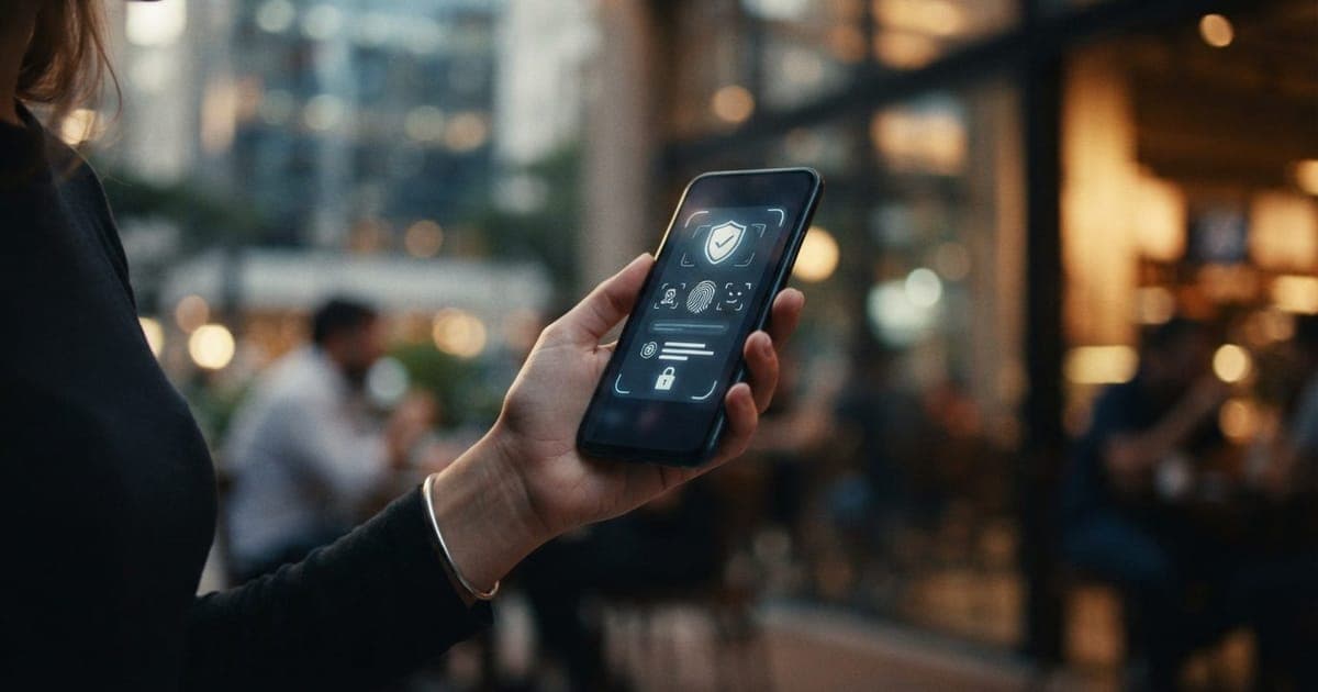 Smartphone exibindo formulário de verificação de identidade em interface digital com ícones de segurança cibernética
