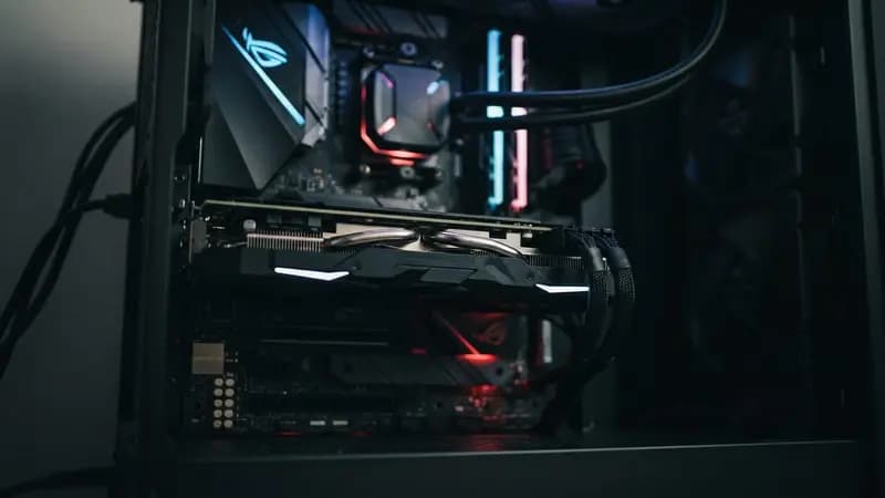 Placa de vídeo de computador com VRAM de 8GB montada em uma placa-mãe gamer moderna com iluminação LED azul e vermelha.