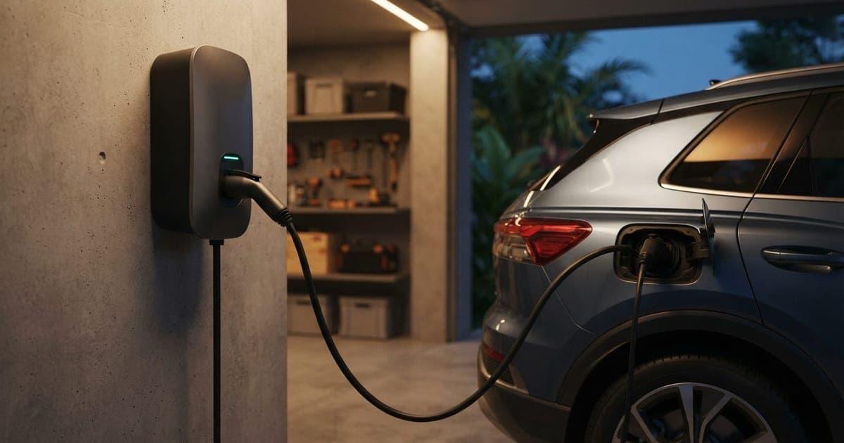 Carregador wallbox instalado em uma garagem residencial com cabo Tipo 2 conectado à porta de um carro elétrico moderno.