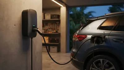 Carregador wallbox instalado em uma garagem residencial com cabo Tipo 2 conectado à porta de um carro elétrico moderno.