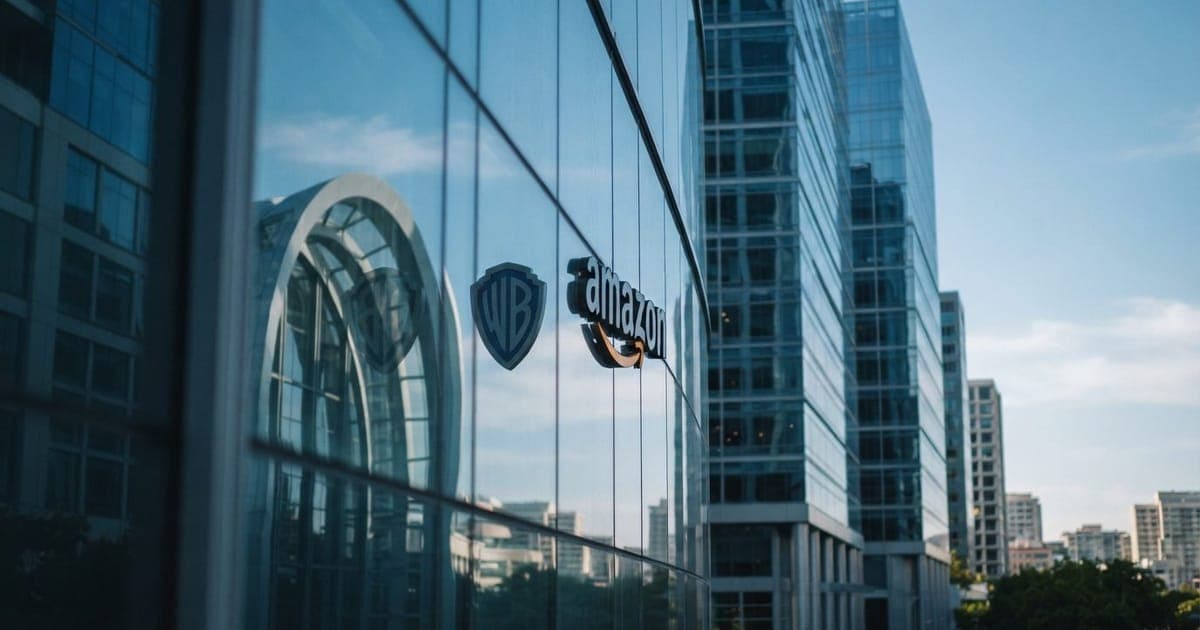 Fachada de prédios corporativos modernos com logos da Warner Bros e Amazon refletidos em vidro azulado sob luz do dia.
