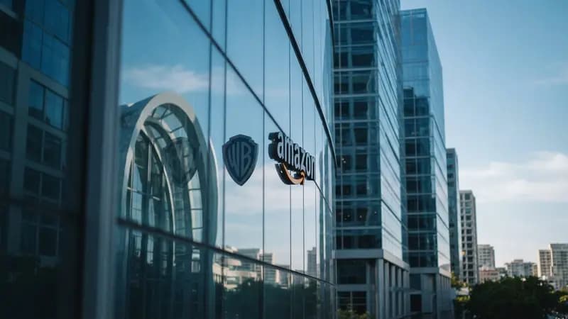 Fachada de prédios corporativos modernos com logos da Warner Bros e Amazon refletidos em vidro azulado sob luz do dia.