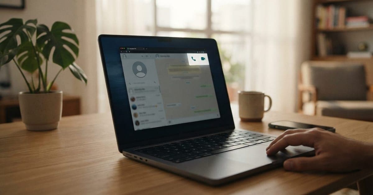 Interface do WhatsApp Web exibindo ícones de telefone e câmera em uma janela de navegador em um laptop moderno.