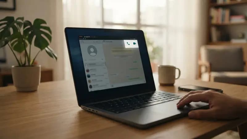 Interface do WhatsApp Web exibindo ícones de telefone e câmera em uma janela de navegador em um laptop moderno.