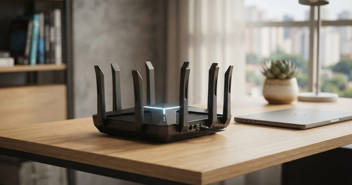 Roteador moderno de alta performance com várias antenas expostas em ambiente minimalista de escritório.