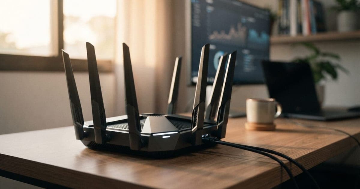 Close em um roteador moderno de alta performance com várias antenas externas sobre uma mesa de escritório limpa.
