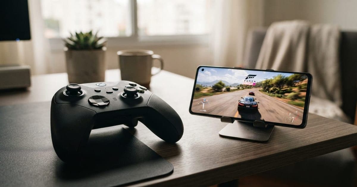 Controle do Xbox sobre uma mesa ao lado de um smartphone mostrando uma tela de jogo via streaming na nuvem.
