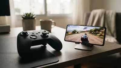Controle do Xbox sobre uma mesa ao lado de um smartphone mostrando uma tela de jogo via streaming na nuvem.