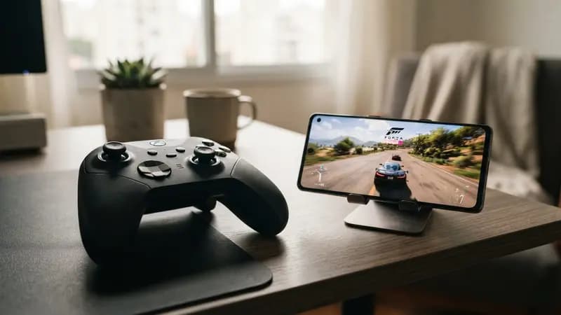 Controle do Xbox sobre uma mesa ao lado de um smartphone mostrando uma tela de jogo via streaming na nuvem.