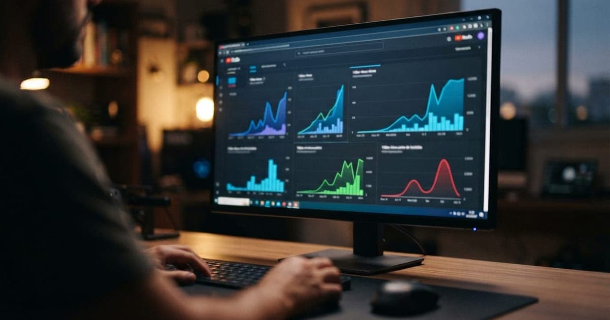 Interface do YouTube Studio em um monitor mostrando gráficos de métricas de visualização em alta de vídeos.