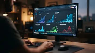 Interface do YouTube Studio em um monitor mostrando gráficos de métricas de visualização em alta de vídeos.