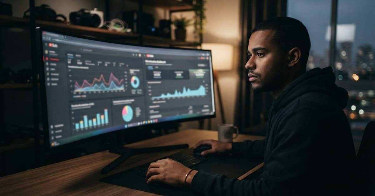 Interface do YouTube Studio em um monitor mostrando gráficos de desempenho de canais e painel de monetização ativo